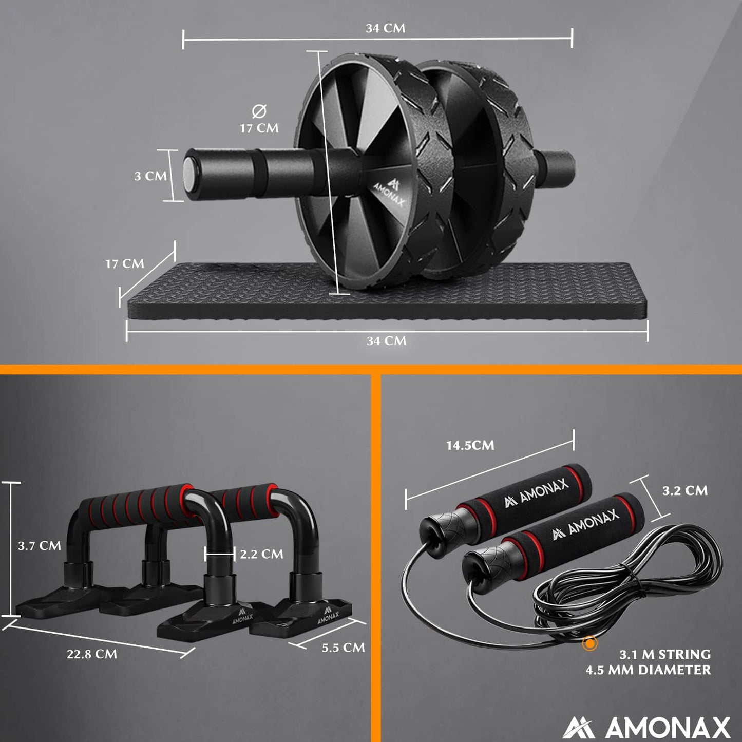 Ab Roller Set with Skipping Rope & Push Up Bars – Home Workout Kit for Core Training