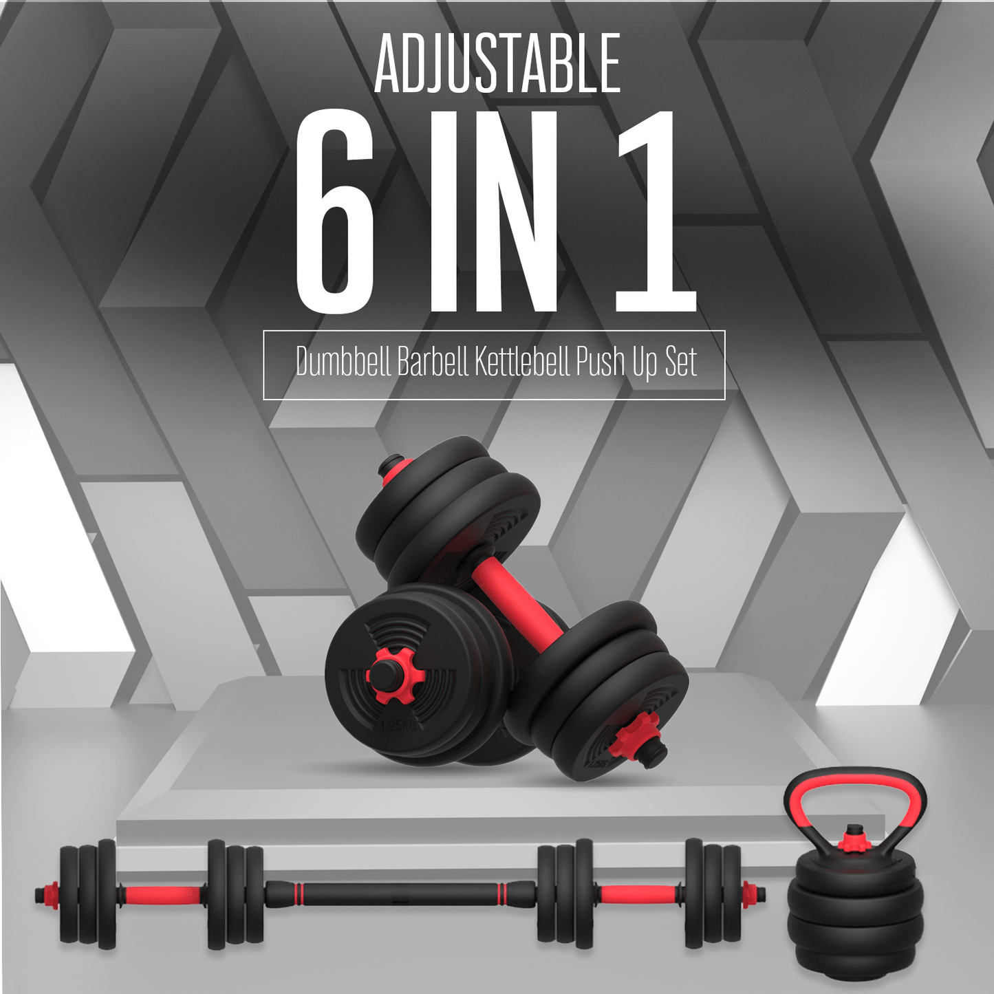 STRONGWAY™ Adjustable 6 in 1 Dumbbell Barbell Kettlebell Push Up Set - 20KG 30KG 40KG SETS